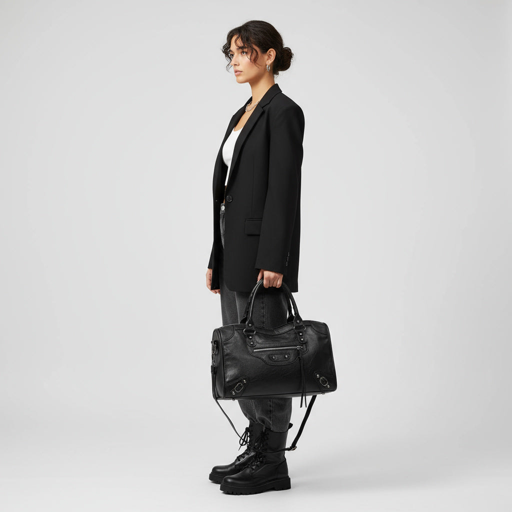 Kvinde i sort blazer og jeans bærer en stor sort lædertaske. Moderne mode, stilfuldt outfit, trendy accessories, minimalistisk baggrund.