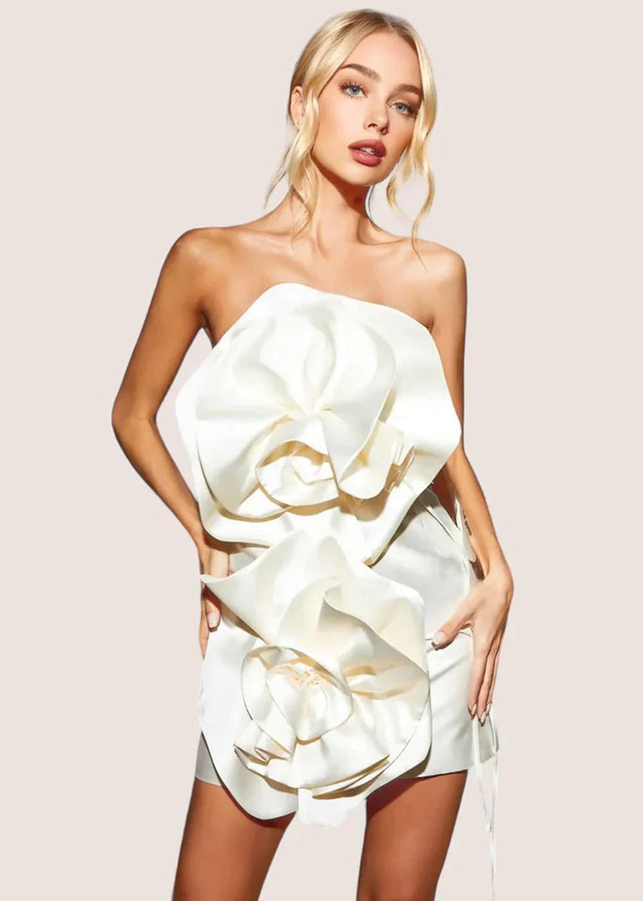Fleur Blanche juhlapuku naisille | norsunluunvärinen olkaimeton minimekko korsettidetaljilla