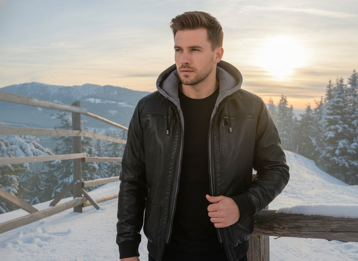 Mand i sort læderjakke står i sneklædt landskab ved solnedgang, med bjerge og skov i baggrunden. Vintermode, udendørs, stilfuld påklædning.