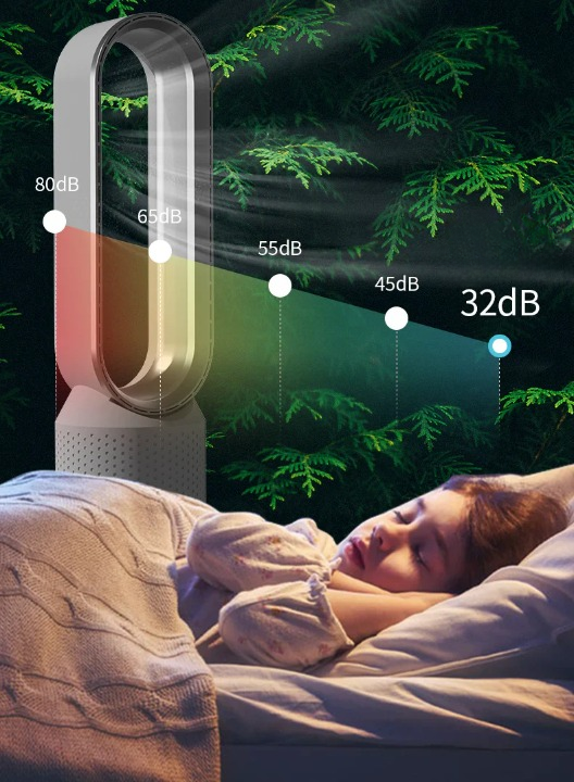 Sovende barn ved siden af lydløs ventilator, der viser lydniveauer fra 80dB til 32dB. Stille blæser, natkomfort, støjsvag teknologi.