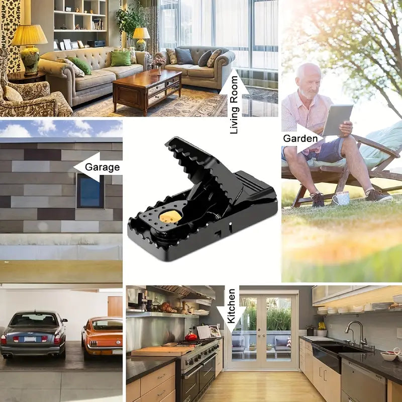 Sort musefælde i plastik med ostelokkemad, placeret i forskellige rum: stue, garage, køkken og have. Effektiv skadedyrsbekæmpelse til hjemmet.