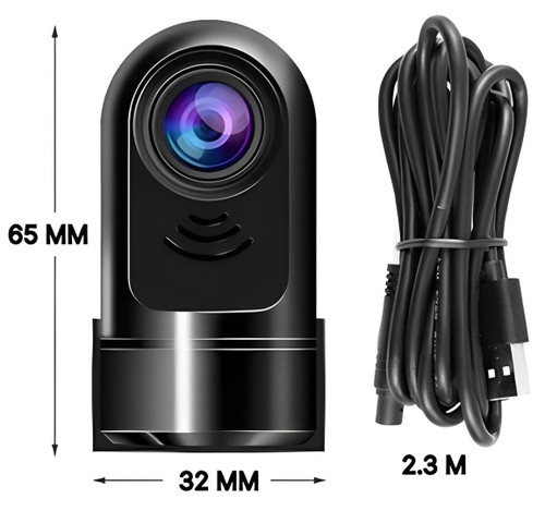 Sort dashcam med USB-kabel, 65 mm høj, 32 mm bred. Kompakt bilkamera til overvågning og sikkerhed.