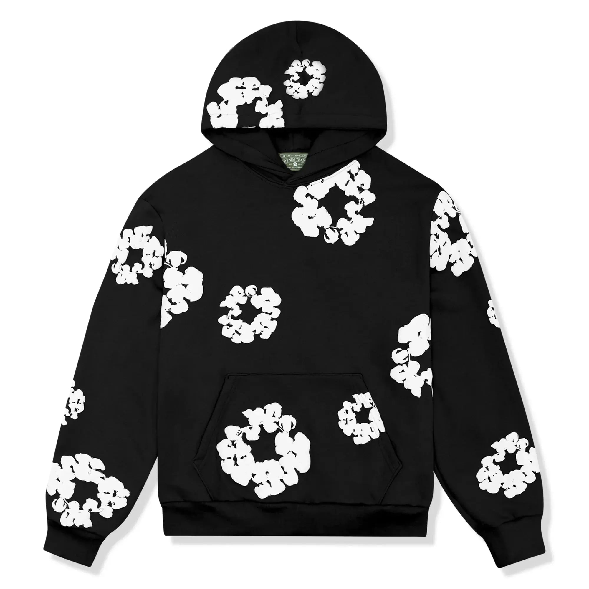 Sort hættetrøje med hvide blomsterprint, unisex design, moderne streetwear, komfortabel pasform, ideel til casual stil og modebevidste unge.
