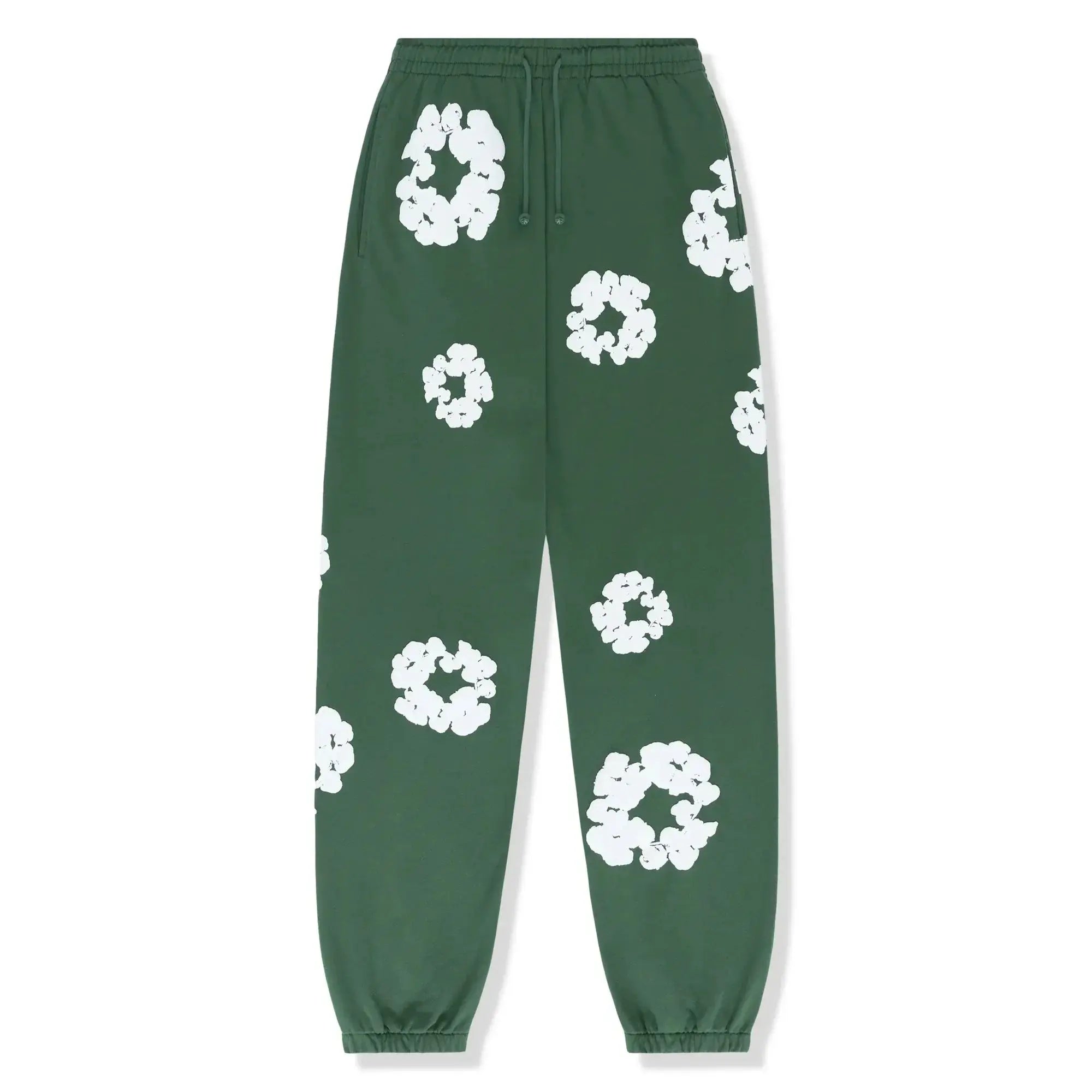 Grønne joggingbukser med hvide blomsterprint, elastisk talje og manchetter. Trendy streetwear til afslappet stil. Unisex design.