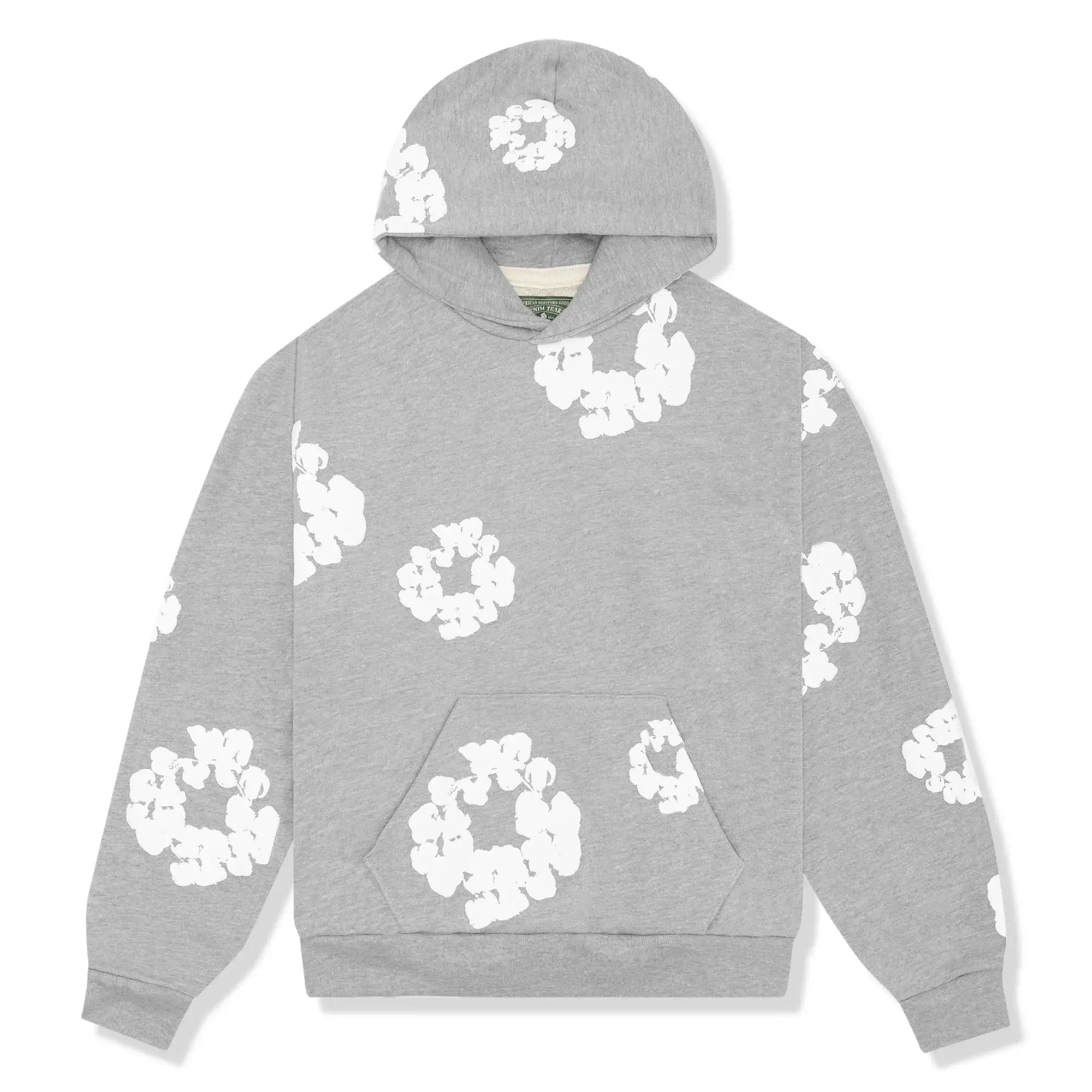Grå hættetrøje med hvide blomsterprint, unisex design, blød bomuld, afslappet pasform, trendy streetwear, ideel til hverdagsbrug.