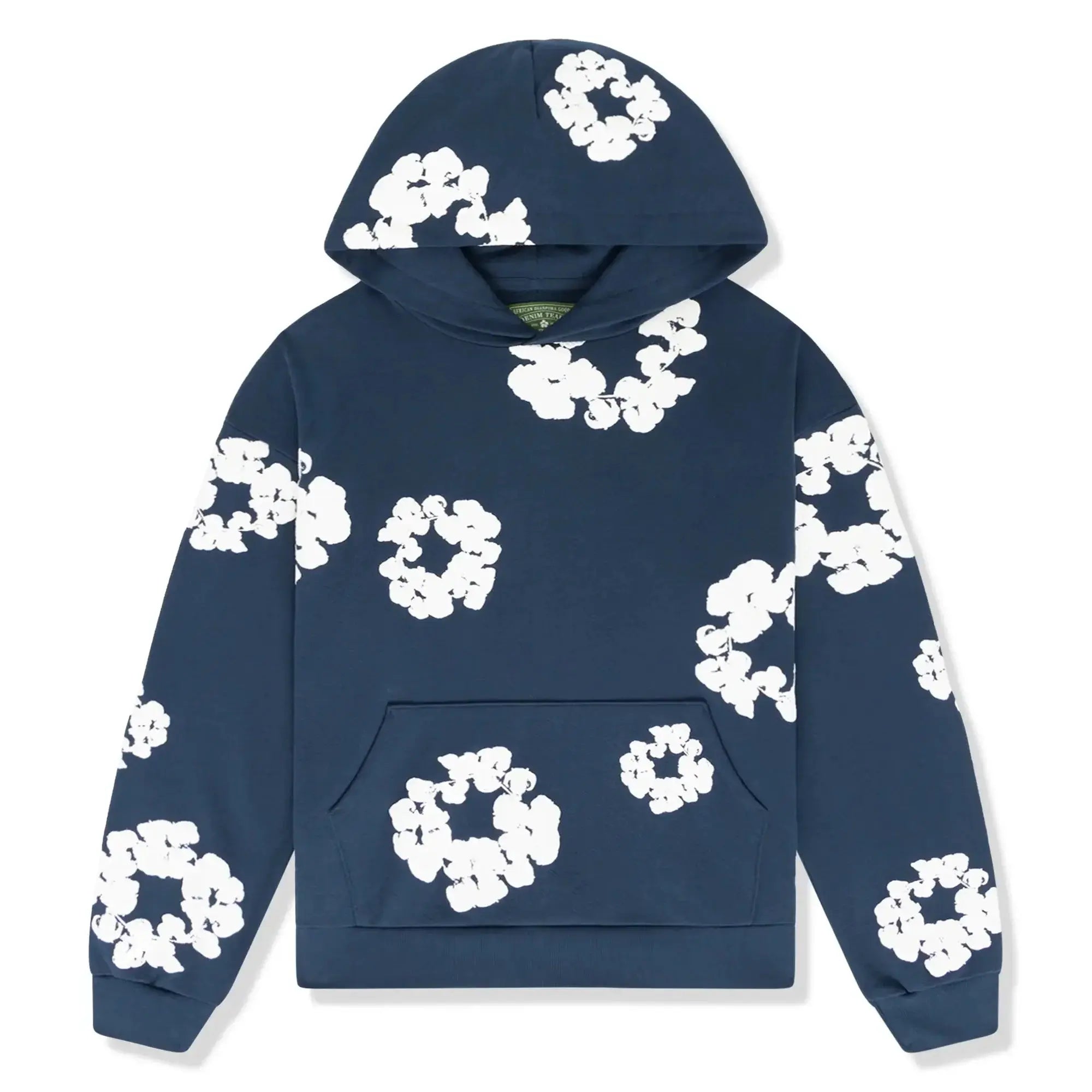 Mørkeblå hættetrøje med hvide blomsterprint, unisex design, moderne streetwear, komfortabel pasform, ideel til afslappet stil og modebevidste.