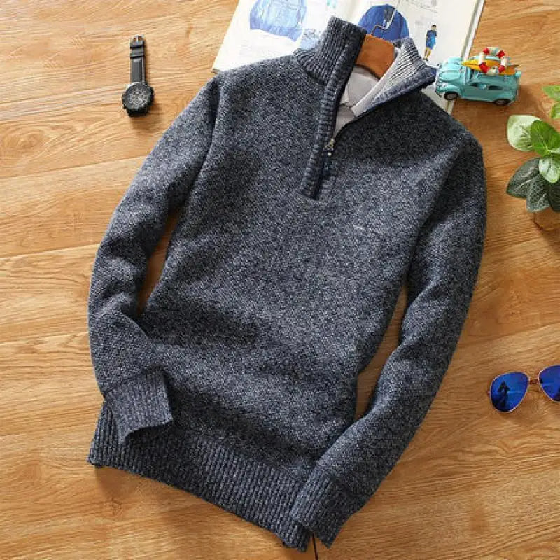 Pulover pentru bărbați cu fermoar | Material tricotat, guler cu fermoar pe jumătate și croială lejeră