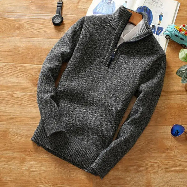 Pulover pentru bărbați cu fermoar | Material tricotat, guler cu fermoar pe jumătate și croială lejeră
