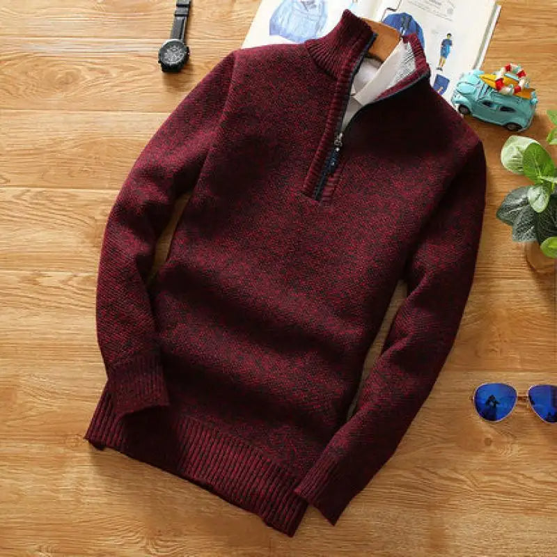 Pulover pentru bărbați cu fermoar | Material tricotat, guler cu fermoar pe jumătate și croială lejeră