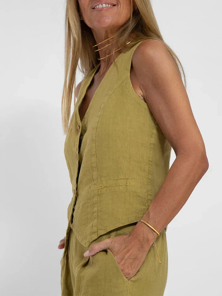 Aiden Elegant todelt pellavapuku | istutettu liivi ja leveät housut