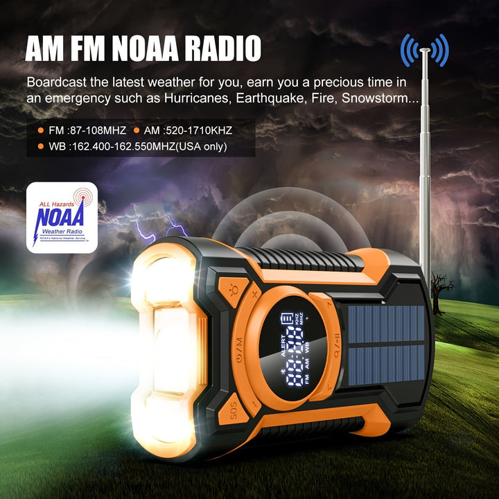 Radio de emergencia multifuncional - AM/FM/NOAA, lámpara, SOS, carga solar y USB