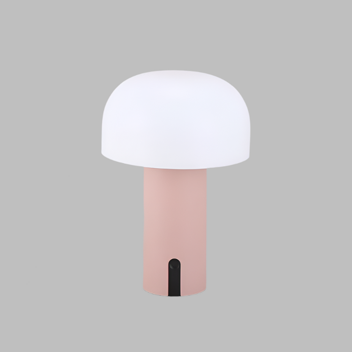Moderne svampeformet bordlampe med hvid skærm og lyserød base på grå baggrund. Stilfuldt design, ideel til minimalistisk indretning.