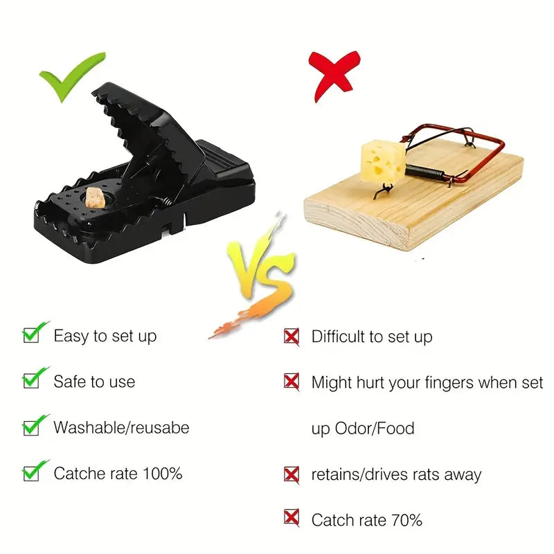 Billedet viser en sammenligning mellem en moderne rottefælde og en traditionel musefælde. Den moderne fælde er nem at sætte op og genanvendelig.