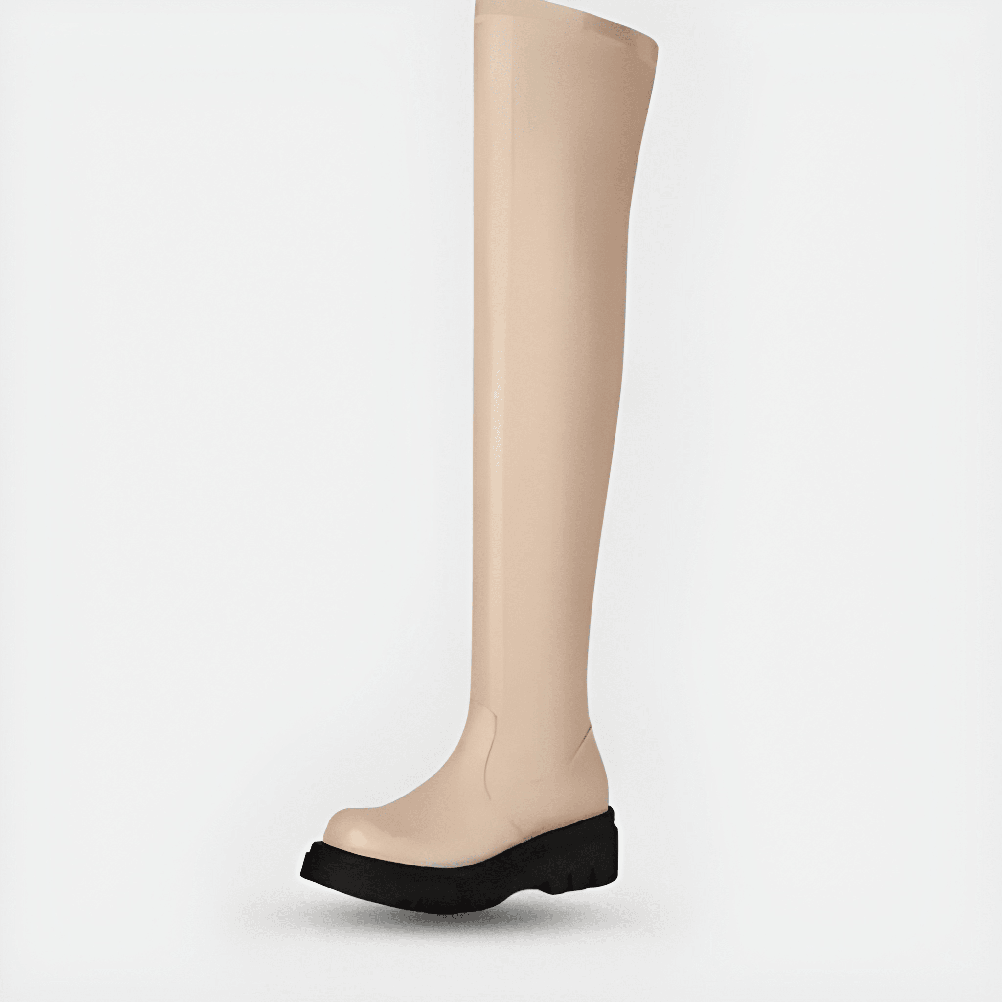 Beige knæhøj gummistøvle med sort sål, moderne design, velegnet til regnvejr og udendørsaktiviteter. Stilfuld og praktisk fodtøjsløsning.