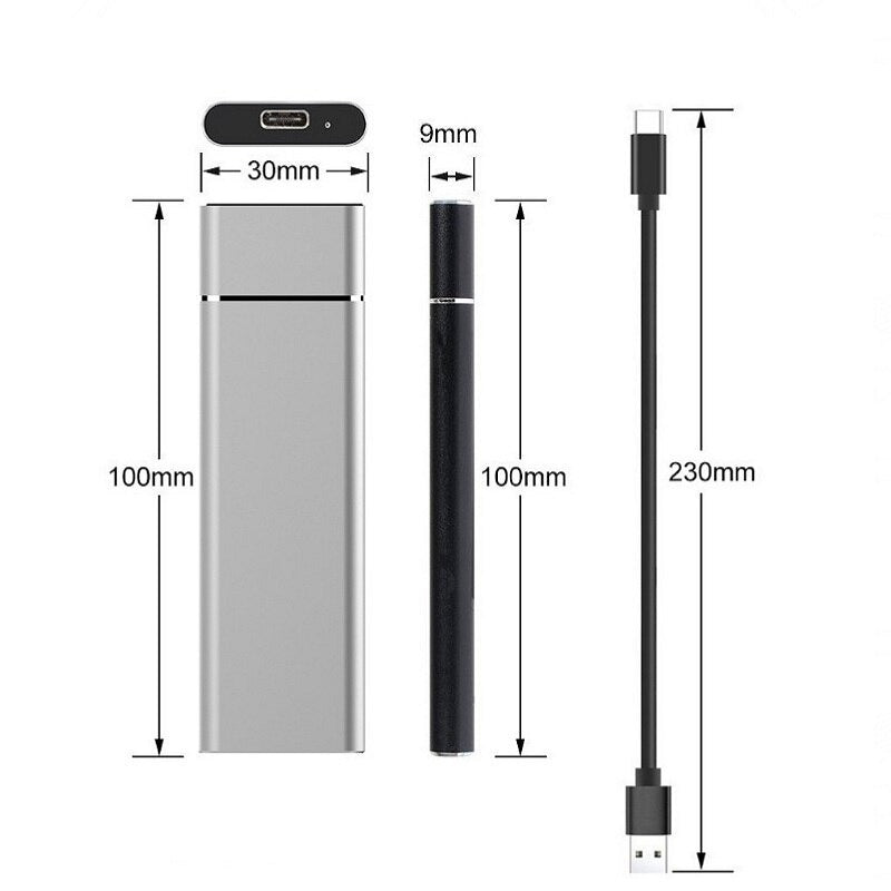 USB-C hub med dimensioner: 100mm x 30mm x 9mm. Inkluderer USB-C kabel på 230mm. Kompakt design til effektiv tilslutning og opladning.