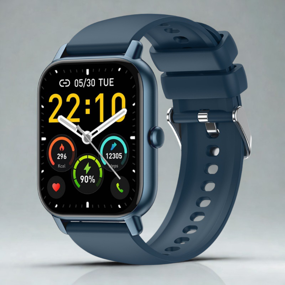 Blå smart-ur med firkantet skærm, viser dato, tid, skridttæller, kalorieforbrug og batteriniveau. Moderne design, fitness-tracker funktioner.