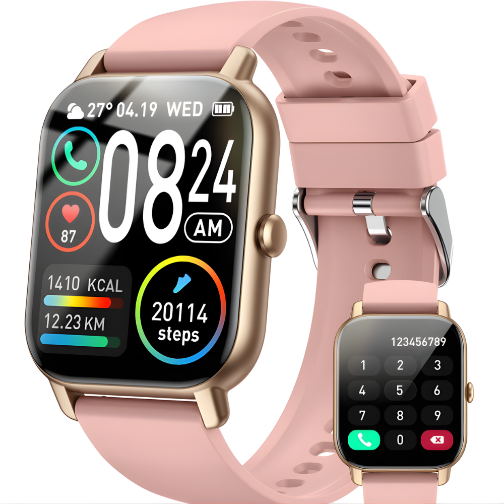 Lyserød smartwatch med rektangulær skærm, viser tid, dato, skridttæller, kalorieforbrug og vejr. Moderne design, fitness-tracker, sundhedsovervågning.