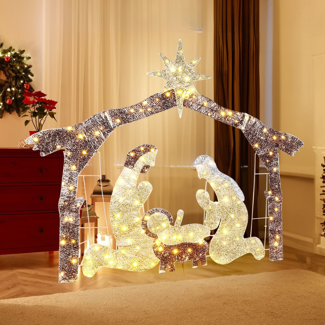 Lysende julekrybbe med Jesusbarnet, Maria og Josef i LED-lys. Perfekt juledekoration til stuen. Stjerne over krybben tilføjer festlig stemning.