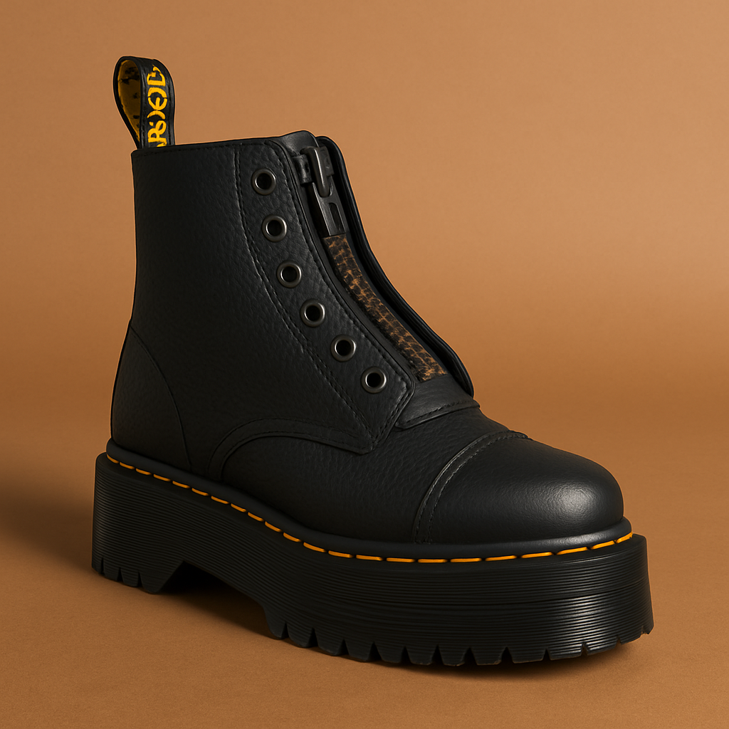 Sort læderstøvle med lynlås og tyk sål, designet med orange syninger. Trendy fodtøj til efterår og vinter. Robust og stilfuldt design.