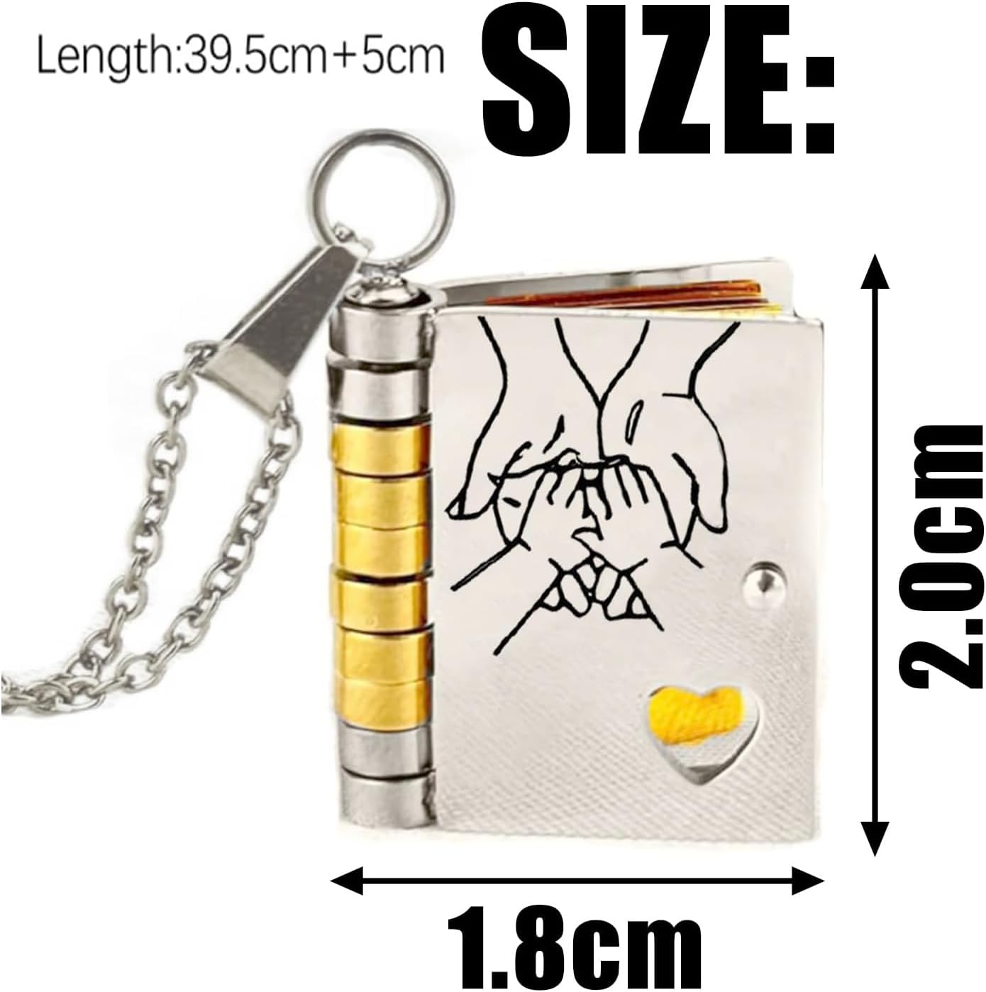 Sølvfarvet bogformet vedhæng med kæde, indgraveret med hænder, hjerteudskæring, mål 2x1.8 cm. Unikt smykke, perfekt som gave.