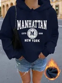 Sweat-shirt décontracté bleu avec imprimé lettres pour femmes