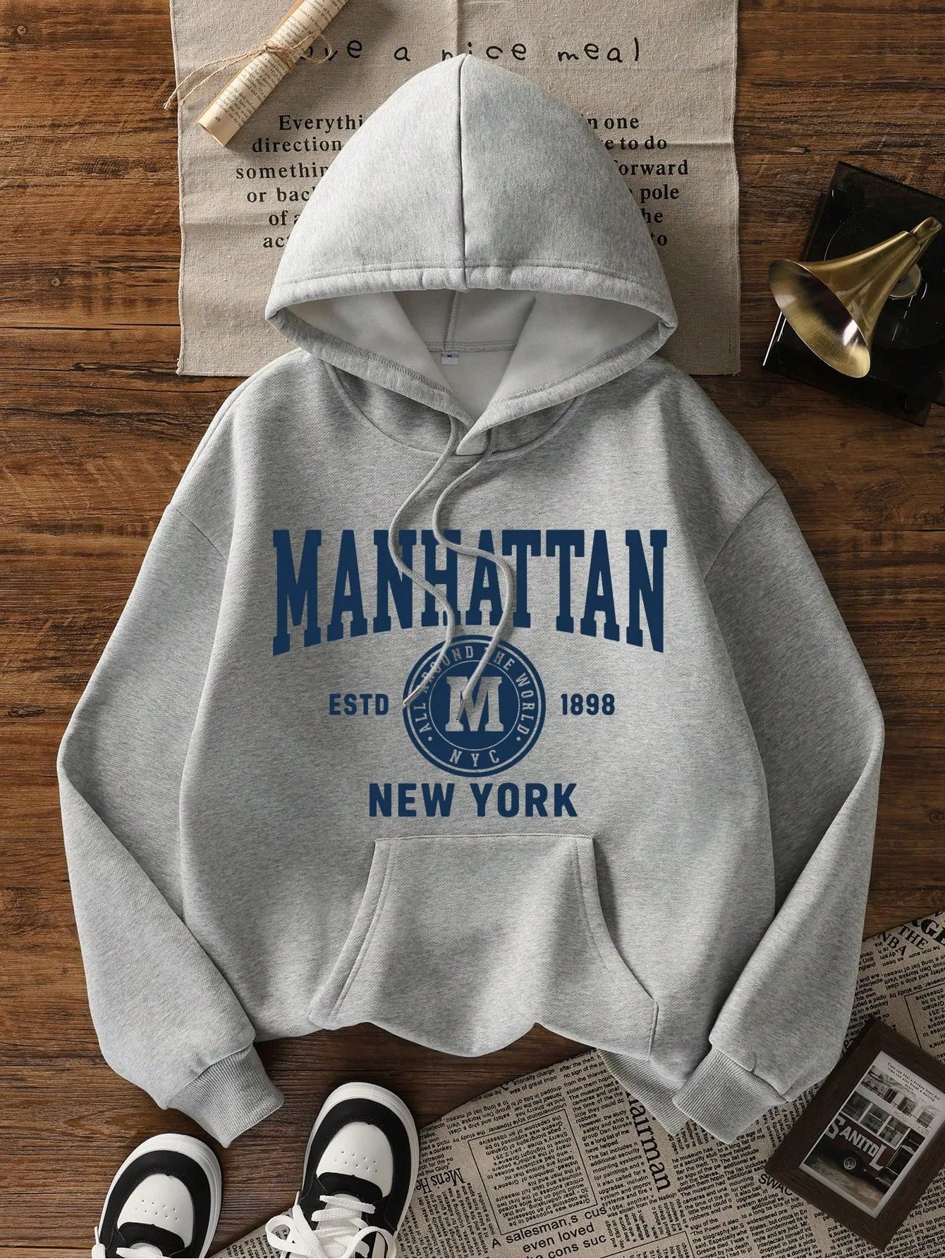 Sweat-shirt décontracté bleu avec imprimé lettres pour femmes