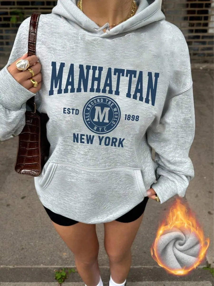 Sweat-shirt décontracté bleu avec imprimé lettres pour femmes