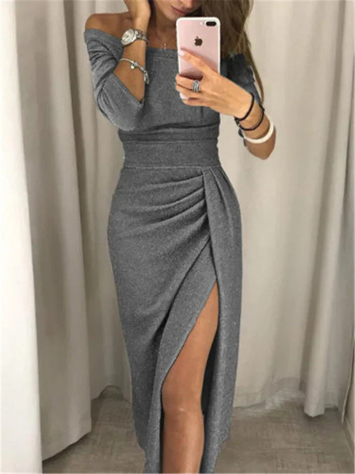 Nola kimaltava mekko juhliin ja gaalaan | Off-shoulder-malli halkiolla ja imartelevalla laskostuksella