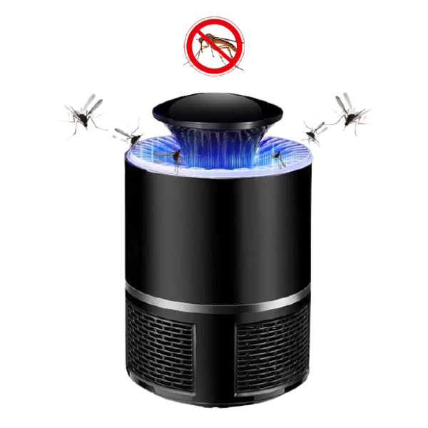 Sort elektrisk myggefanger med LED-lys og ventilator, der tiltrækker og fanger myg. Effektiv insektdræber til indendørs brug.