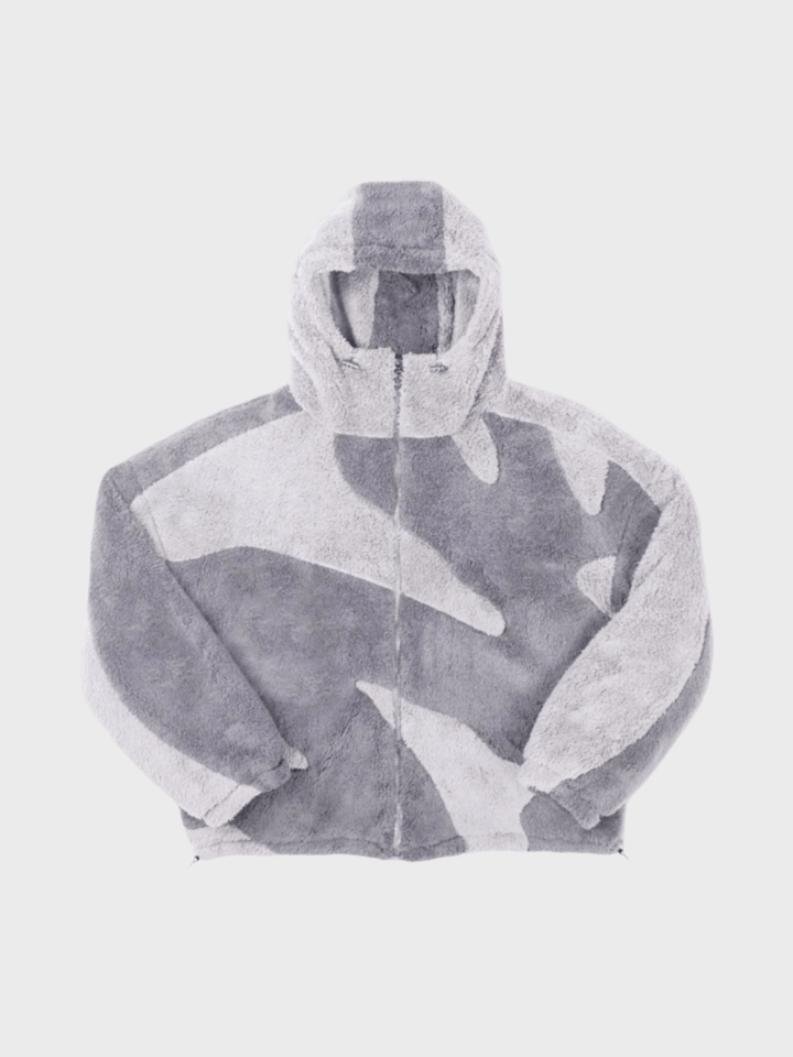 Wzorzysty polarowy płaszcz męski z kapturem | Miękka i nowoczesna kurtka na zamek błyskawiczny