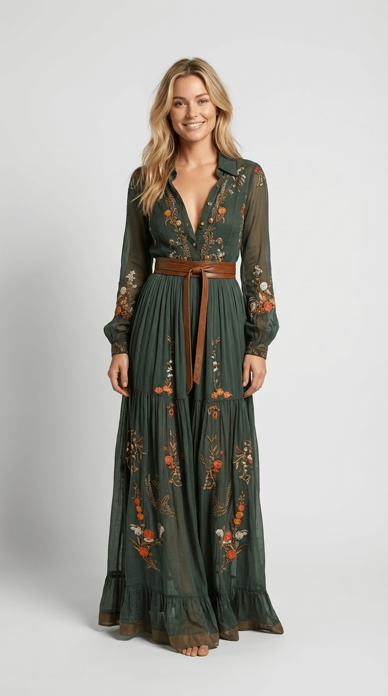 Robe longue élégante avec imprimé bohème et ceinture à nouer à la taille