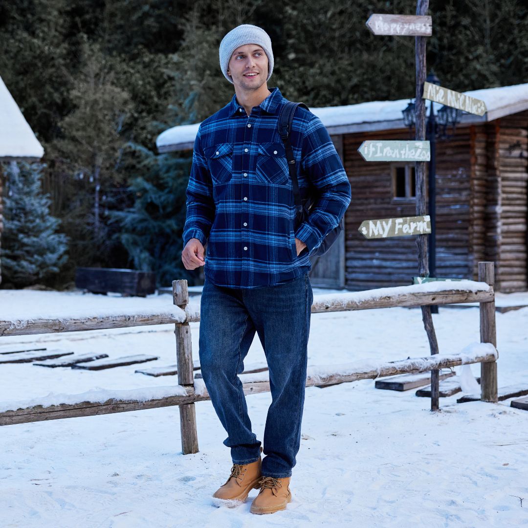 Koszula-kurtka z flaneli dla mężczyzn z ciepłą podszewką z polaru i klasycznym kratkowanym wzorem