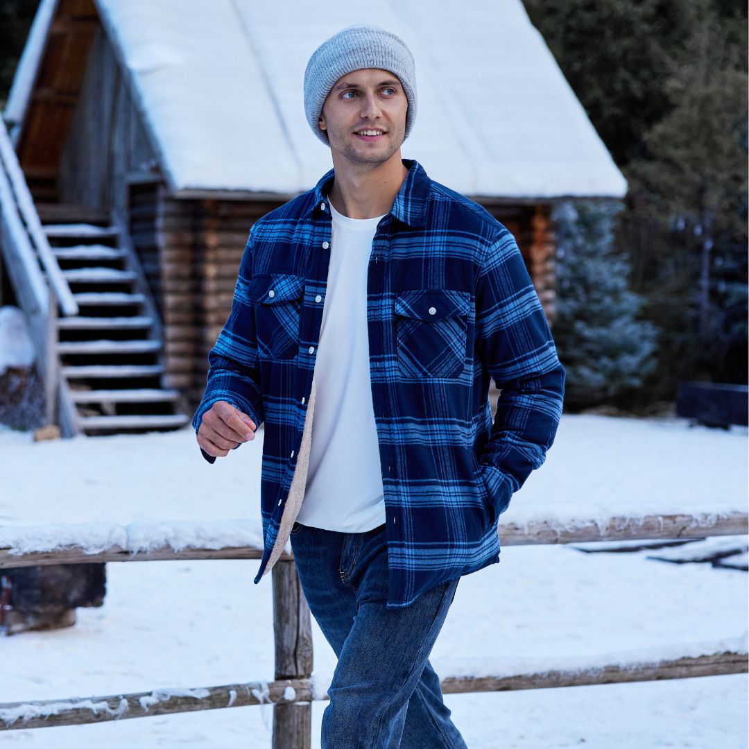 Koszula-kurtka z flaneli dla mężczyzn z ciepłą podszewką z polaru i klasycznym kratkowanym wzorem