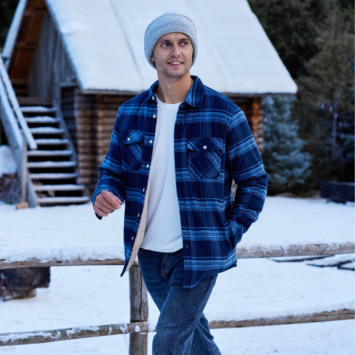 Koszula-kurtka z flaneli dla mężczyzn z ciepłą podszewką z polaru i klasycznym kratkowanym wzorem