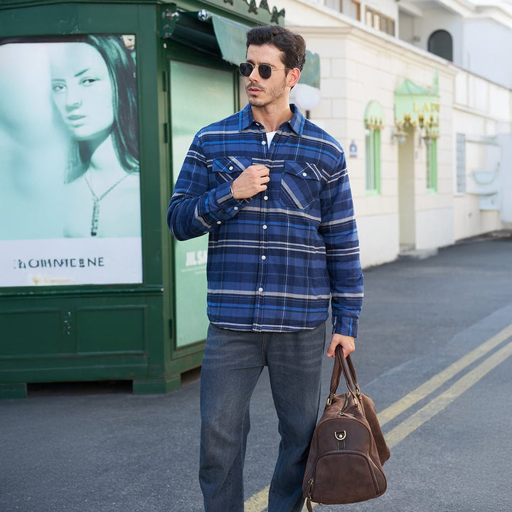 Koszula-kurtka z flaneli dla mężczyzn z ciepłą podszewką z polaru i klasycznym kratkowanym wzorem