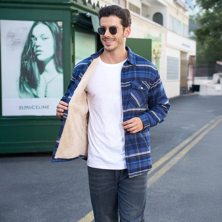 Koszula-kurtka z flaneli dla mężczyzn z ciepłą podszewką z polaru i klasycznym kratkowanym wzorem