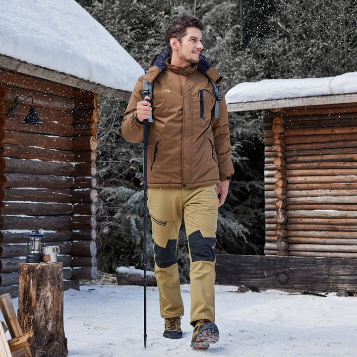 Water-resistant men's ski pants with fleece lining and reinforced knees for winter sports