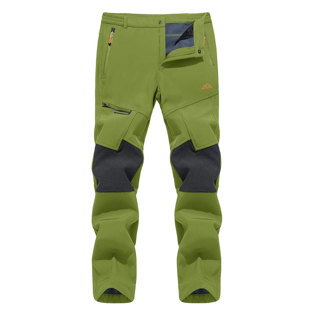 Water-resistant men's ski pants with fleece lining and reinforced knees for winter sports