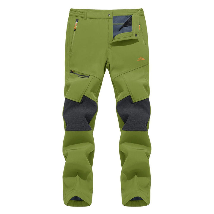 Water-resistant men's ski pants with fleece lining and reinforced knees for winter sports