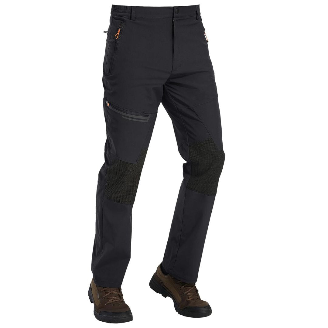 Water-resistant men's ski pants with fleece lining and reinforced knees for winter sports