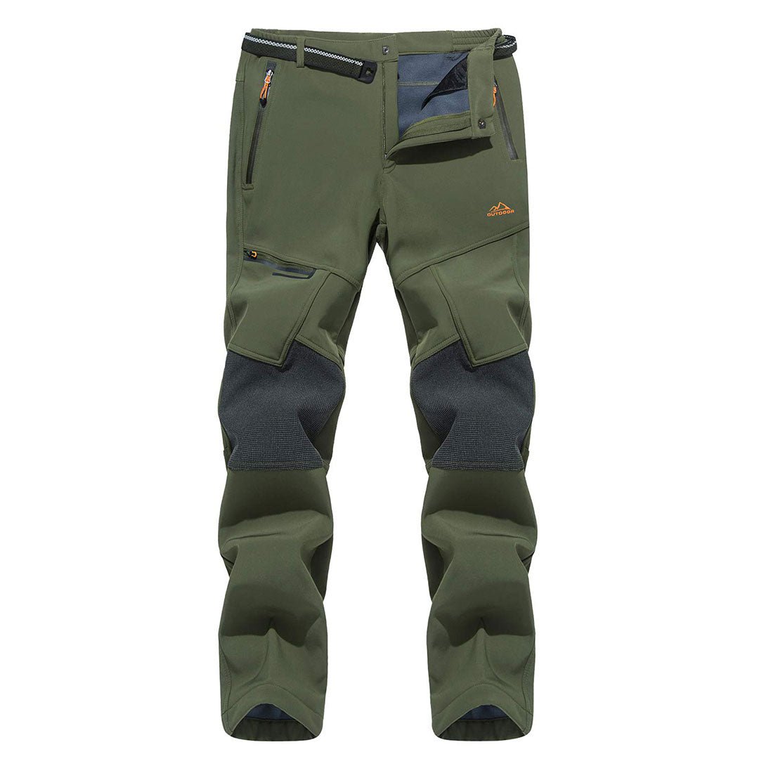 Water-resistant men's ski pants with fleece lining and reinforced knees for winter sports