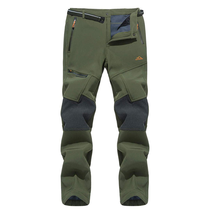 Water-resistant men's ski pants with fleece lining and reinforced knees for winter sports