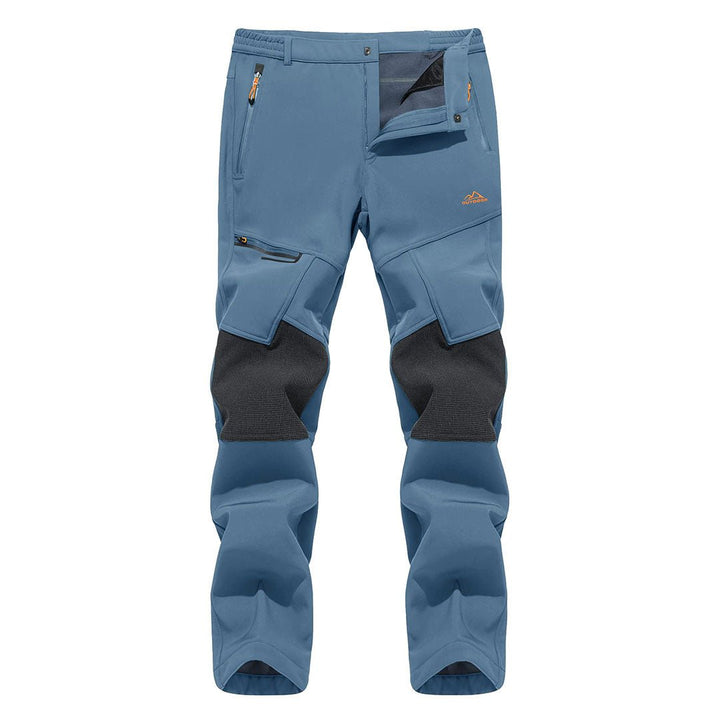 Water-resistant men's ski pants with fleece lining and reinforced knees for winter sports
