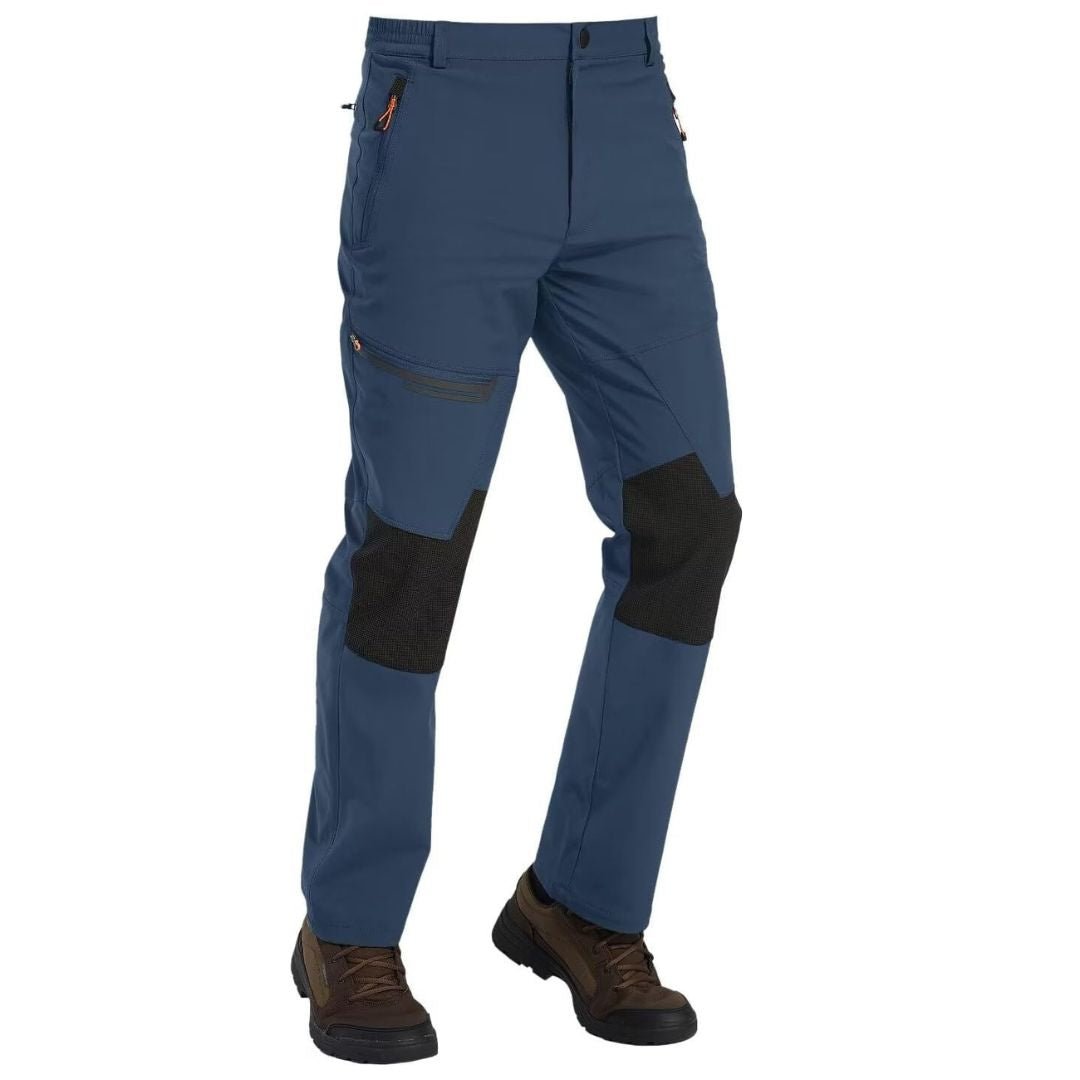 Water-resistant men's ski pants with fleece lining and reinforced knees for winter sports