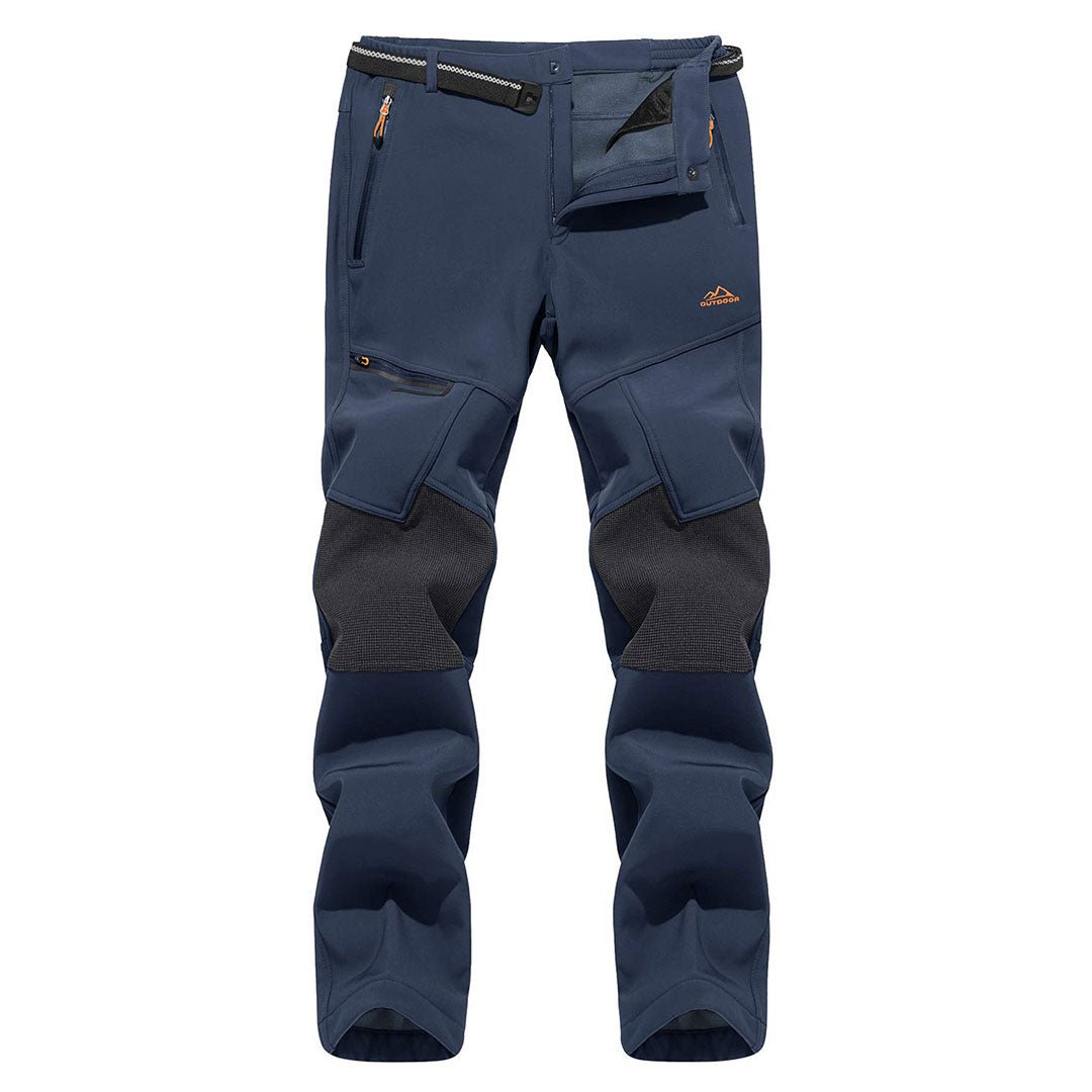 Water-resistant men's ski pants with fleece lining and reinforced knees for winter sports