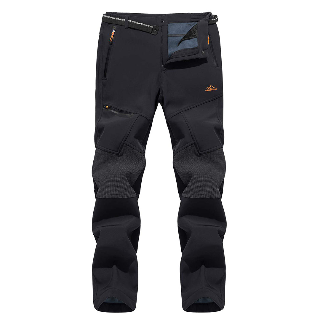 Water-resistant men's ski pants with fleece lining and reinforced knees for winter sports