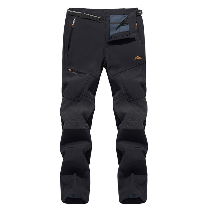 Water-resistant men's ski pants with fleece lining and reinforced knees for winter sports