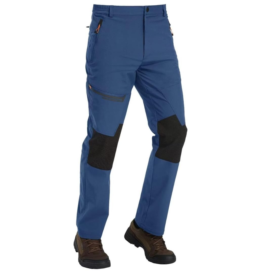 Water-resistant men's ski pants with fleece lining and reinforced knees for winter sports