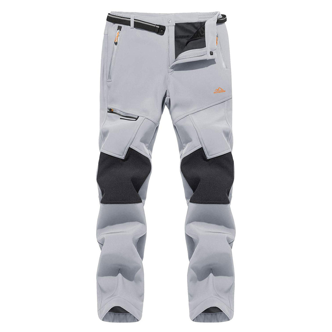 Water-resistant men's ski pants with fleece lining and reinforced knees for winter sports