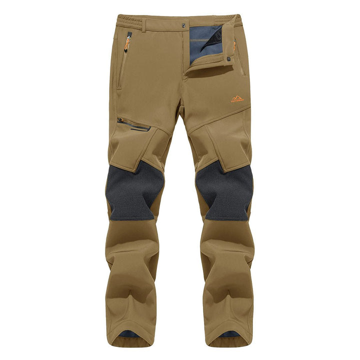 Water-resistant men's ski pants with fleece lining and reinforced knees for winter sports